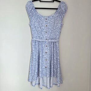 NOBO Pale Blue Floral Stretchy High-Low Sundress Size L Cap Sleeves Tie Waist